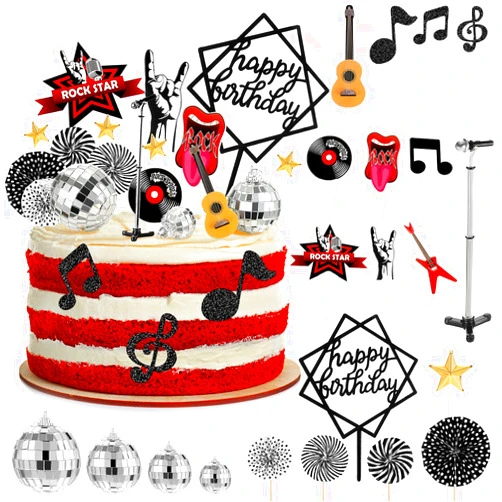 Leinuosen 28 Pcs Rock and Roll Cake Topper Guitar Microphone Cake Toppers Music Note Birthday Cake Toppers Disco Ball Cupcake Toppers Rock Cupcake Toppers for Musical Theme Party Birthday Cake Decoration