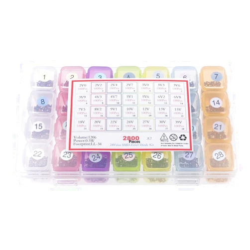 Generic 2800pcs 28Value LL34 1206 0.5W SMD Zener Diode Assorted Box Kit 2V 2.2V 2.4V 2.7V 3V 3.3V 3.6V 3.9V 4.3V 4.7V 5.1V 5.6V 6.2V 6.8V 7.5V 8.2V 9.1V 10V 12V 13V 15V 18V 20V 22V 24V 27V 30V 39V