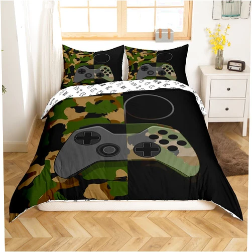Erosebridal Gamer Bedding Set Teens Boys Camouflage Gamepad Printed Comforter Cover Army Green Video Games Decor Player Gaming Duvet Cover for Adult Girls Kids Camo Game Console Pattern Soft Bespread, Full Size