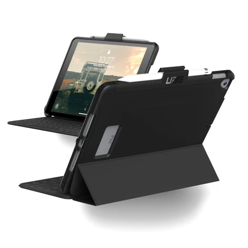 URBAN ARMOR GEAR UAG Designed for iPad 10.2 Case Black 9th Generation 2021 & 8th Gen 2020 w/Hand Strap Thin Slim Military Drop Tested Durable Protective Cover w/Stylus & Pencil Holder, Scout Series