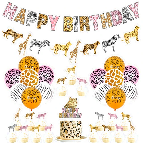Funmemoir Pink Cheetah Birthday Decorations for Girl - Jungle Safari Theme Party Decorations with Happy Birthday Banner Animal Print Garland Cheetah Balloons Cupcake Cake Toppers for 1st 2nd 3rd Birthday