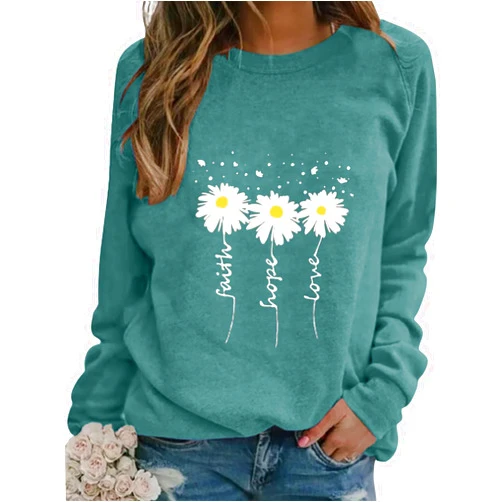 EADINVE Women Crewneck Daisy Print Long Sleeve Sweatshirts Faith-Hope-Love Graphic Tops Casual Loose Fit Pullover Shirts