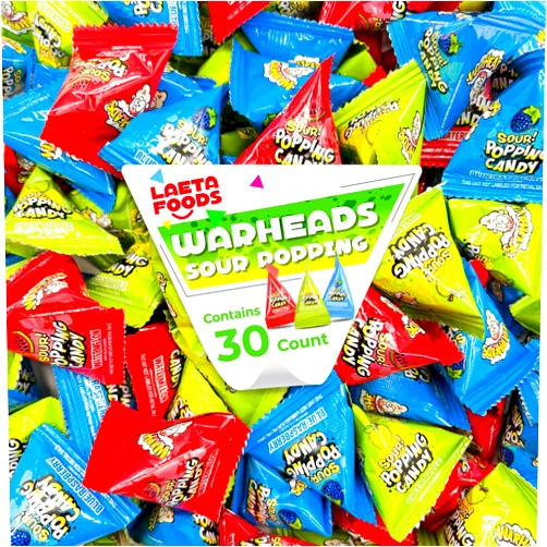 LAETAFOOD Warheads Sour Popping Rock Candy - Green Apple, Blue Raspberry, Watermelon Flavors, 30 Count