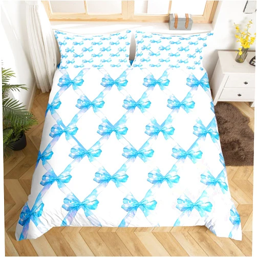 Manfei Cute Bowknot Duvet Cover Set,Princess Style Blue Bow Watercolor Girly Comforter Cover(No Filler) for Kids Teens,Geometric Grids Minimalist Dreamy Quilt Cover with 2 Pillows,Full Size