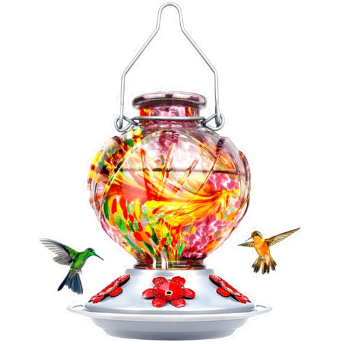 BOLITE Hummingbird Feeder, Hand Blown Glass Hummingbird Feeders for Outdoors Hanging, 22 Ounce, Five Feeding Ports with Perch, Peony Flower Shape, Purple