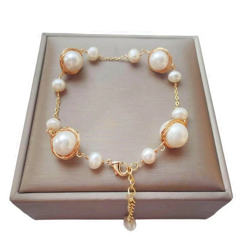 Cosfog Baroque Cultured Pearl Bracelet - Handmade, 18K Gold Plated Copper Wire Wrapped - Adjustable Cord, Fashionable and Delicate Jewelry Gift for Girls and Moms