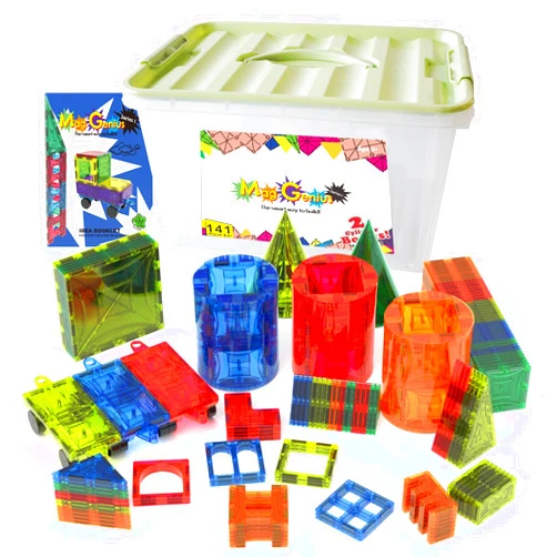 Mag Genius Magnetic Building Tiles - 141 Pieces - STEM Authenticated Colorful & Transparent Tile Shapes in Self-Storage Container