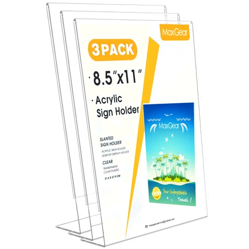 MaxGear Acrylic Sign Holder, Clear Sign Holders Plastic Display Stand 8.5 x 11 Inches Slant Back Countertop Display Picture Frames for Menus, Flyer, Use In Office, Store, 3 Pack