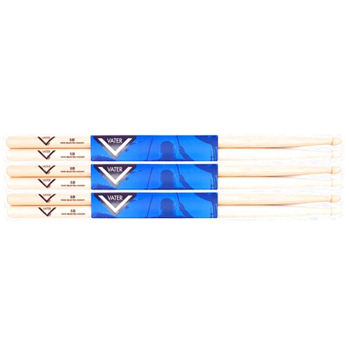 Vater 5B Wood Tip Hickory Drum Sticks, 3 Pair (VS3P5BW)