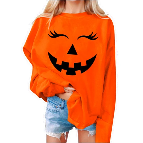 ADHOWBEW Women Halloween Costumes Plus Size Long Sleeve Crewneck Oversized Pumpkin Shirts