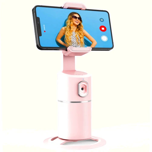 Camrola Auto Face Tracking Phone Holder, No App Required, 360° Rotation Face Body Phone Tracking Tripod Smart Shooting Camera Mount for Live Vlog Streaming Video, Rechargeable Battery-Pink