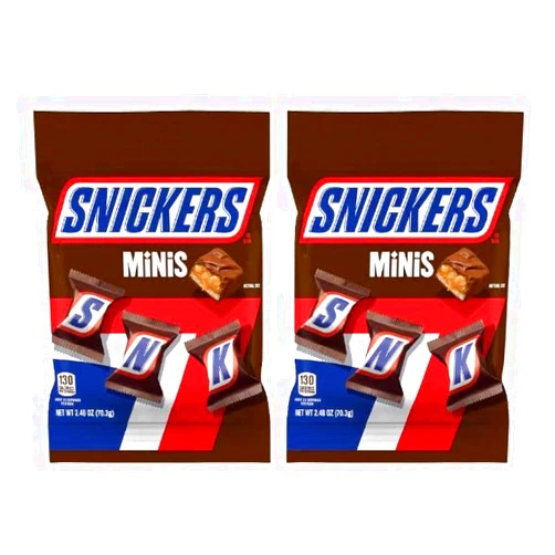 Snickers mini (2 pack) Snickers Minis Chocolate Bar with roasted peanuts, nougat, caramel and milk chocolate Candy 2.48 oz Bag