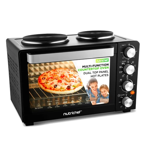 Nutrichef 30 Quart Kitchen Convection Oven & 2 Burner Cooker - 1500 Watt Oven - 7 Cook Functions Rotisserie, Cook, Bake, Broil & More - Includes Baking Tray, Skewers & Handles - 19.6 x 16.0 x 13.5 IN