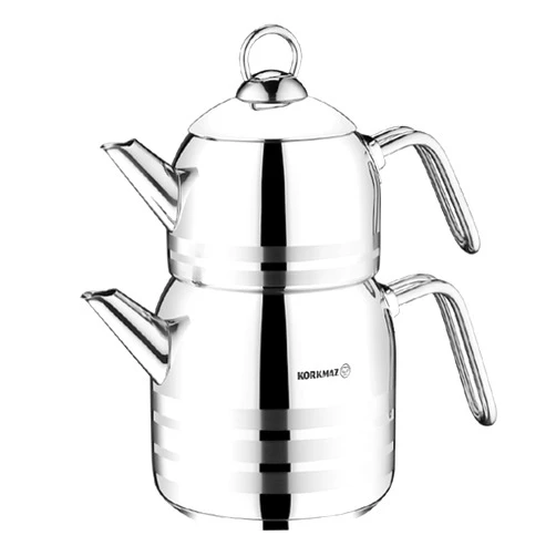 Korkmaz A199 Korkmaz Largo Turkish Teapot Set for Stovetop, 18/10 Stainless Steel Double Tea Maker with Heat Resistant Handles, Samovar Style Tea Kettle with 67.7 Oz (2000ml) & 148.8 Oz (4400ml)