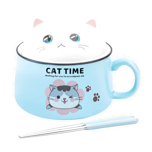 Tsreinh Ramen Bowl Set with Chopsticks, Cute Cat Instant Ramen Noodle Bowls with Lid, 34.5 OZ Extra Large Ceramic Soup Bowls with Handle, Japanese Ramen Cooker, Microwave safe (Blue)