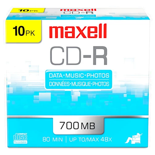 Maxell 648210 CD-R Discs, 700MB/80min, 48x, w/Slim Jewel Cases, Silver, 10/Pack