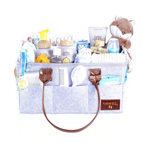 Farber Baby Diaper Caddy Organizer | Large Baby Diaper Organizer Portable Storage Basket for Baby Needs | Nursery Changing Table Storage Bin | Car Organizer for Diapers Baby Wipes (Light Gray)