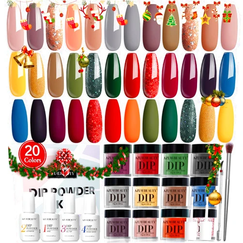AZUREBEAUTY 20 Colors Dip Powder Nail Kit Starter - All Seasons Series, Fall Autumn Gold Yellow Green Colors Dipping Powder Liquid Set with Base/Top Coat for Nails Art Manicure Gift Beginner DIY Salon
