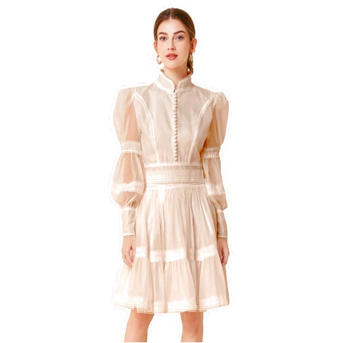LAI MENG FIVE CATS Women's Puff Sleeves High Collar Hollow Mesh Pleat Layered Hem Solid Color Mini Dress