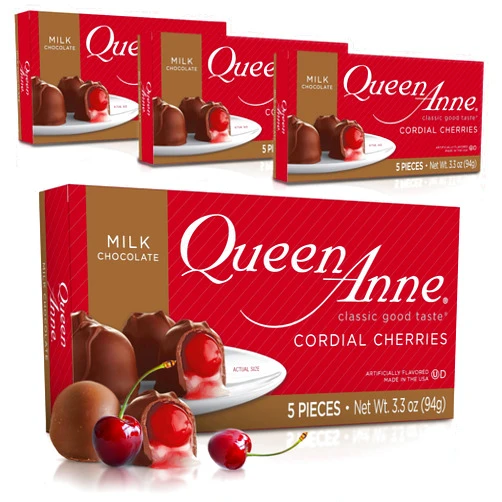 Queen Anne Milk Chocolate Covered Cordial Cherries | 3.3 oz (Pack of 4) | 5 Piece Gift Boxes | Whole Maraschino Cherry Creamy Filled Liquid Center | Easter Holiday Chocolate Candy