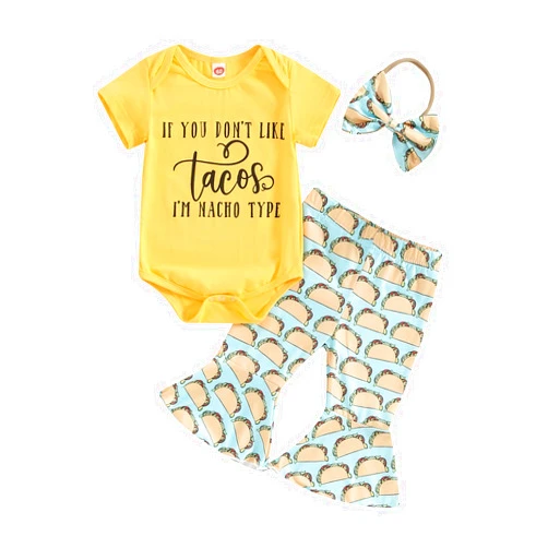 Chloefairy Baby Girl Summer Clothes If You Dont Like Tacos Im Nacho Type Romper Bell-Bottoms Flare Pants Set Headband 0-12M