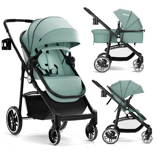 INFANS 2 in 1 Baby Stroller, High Landscape Infant Stroller & Reversible Bassinet Pram, Foldable Pushchair with Adjustable Canopy, Cup Holder, Storage Basket, Suspension Wheels (Green)