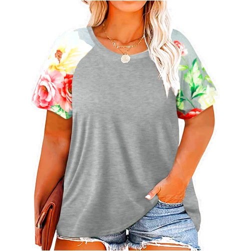 HDLTE Womens Plus Size Tops Floral Bell Sleeves Blouses Summer Crewneck Tunic Loose Casual T Shirts