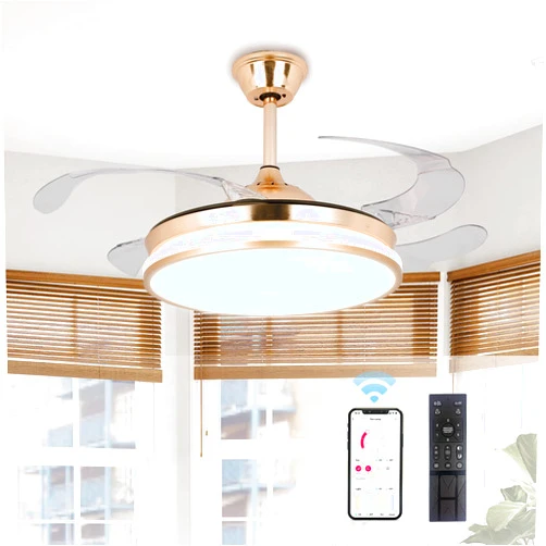 STERREN Retractable Gold Ceiling Fan with Lights, 42 inch Modern Low Profile Bladeless Ceiling Fan Light with Remote Smart LED Ceiling Fan for Bedroom Living Room