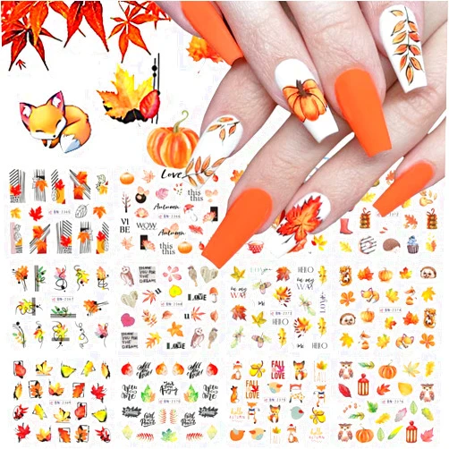 Qdsuh 12Sheets Fall Nail Stickers Autumn Maple Leaf Pumpkin Halloween Thanksgiving Water Transfer Nail Decal for Women Girls Kids DIY Decorations