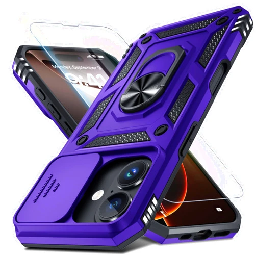 Janmitta Case for iPhone X & iPhone Xs Phone Cover Built in Slide Camera Lens Cover+Screen Protector,Heavy Duty Shockproof Full Body PhoneCase with Finger Ring Holder Kickstand,Purple