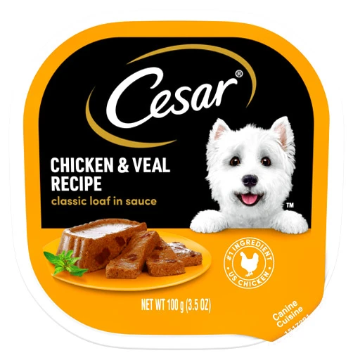 CESAR Adult Wet Dog Food Classic Loaf in Sauce Chicken & Veal Recipe, 3.5 oz. Easy Peel Trays, Pack of 24