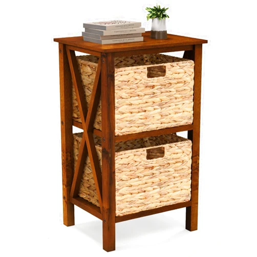 Giantex 2-Tier Nightstand with 2 Wicker Baskets, Wooden X-Design Side Table End Table, Beside Table with Acacia Wood Legs, Mid Century Accent Storage Cabinet for Small Spaces, Bedroom, Walnut