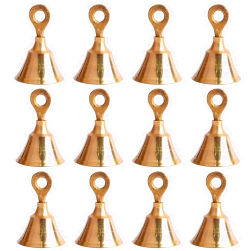 JRVT Genieland 12 Pc Set of Brass Bell with Hanging Loops Coaster Beach Decoration Item Vintage Style Indian Bell with Jingle Ring, Wedding Bell, Wedding Chimes DIY Craft Christmas Bell, Cow, Elephant Bell