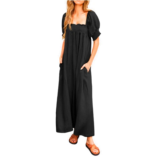 KIRUNDO Women 2025 Summer Maxi Dress Casual Loose Puff Sleeve Square Neck Maternity Flowy Long Beach Dresses with Pockets
