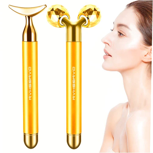 DANGSHAN 2-IN-1 Electric Face Massager Roller 24k Golden Face Roller, 3D Roller and Unique Crescent Shape Facial Roller Massager Kit Arm Eye Nose Massager Skin Care Tools