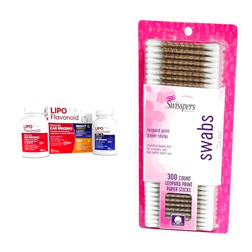 Lipo-Flavonoid Day & Night Tinnitus Relief Combo Kit with Vitamins, 90 Caplets & Swisspers Premium Cotton Swabs, 300 Count