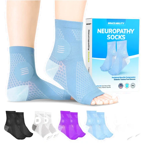 BraceAbility Neuropathy Socks (Pair) - Peripheral Neuritis Compression Diabetic Toeless Foot Sleeves for Nerve Damage Pain in Feet, Ankle Gout, Plantar Fasciitis Relief Brace for Men and Women (M - Light Blue)