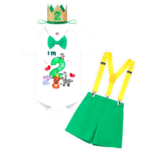 IBTOM CASTLE Baby Boy 1st Birthday Outfit Jungle Woodland Animal Romper & Bloomers & Suspenders 3PCS Clothes Suit Photography