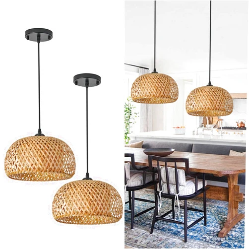 TERLEENART Bamboo Pendant Light,Set of 2 Boho Round Basket Chandelier Handmade Woven Pendant Light, Natural Bamboo Rattan Hanging Chandelier for Kitchen Island Dining Room Living Room Porch