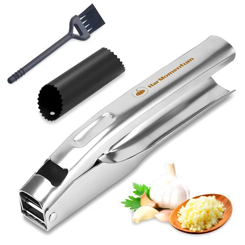 HarMomentum Garlic Press Stainless Steel - Garlic Mincer Tool - Garlic Crusher Stainless Steel - Garlic Slicer - 7.34 Oz, Inox 304, Larger Capacity - Enhanced Design, No Peeling, Easy to Clean with Included Gift