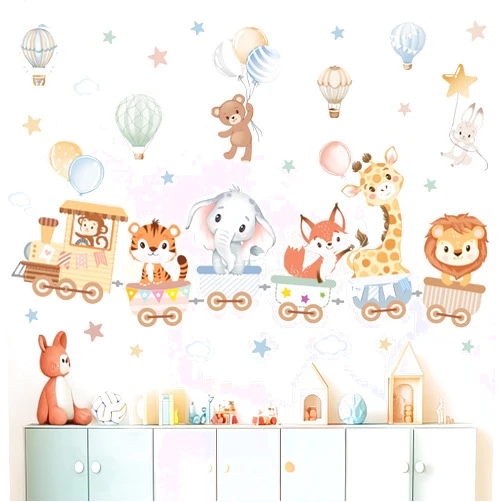 wondever Jungle Animals Train Wall Stickers Hot Air Balloon Animals Elephant Giraffe Peel and Stick Wall Art Decals for Baby Nursery Kids Room Toddler Room