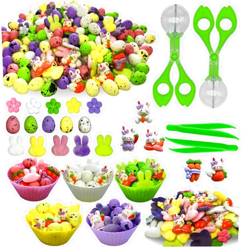 Unvola 226pcs Easter Sensory Bin Filler Fine Motor Toys Spring Sensory Bin Items 100 Easter Foam Eggs 50 Felt Easter Flowers 50 Felt Bunny 10 Resin Rabbit Figurines for Easter Counting Sorting
