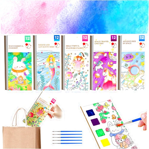 DIKOCO 5 Pack Pocket Watercolor Paint Book Water Color Paint Sets for Kids Travel Watercolor Book Reusable Painting Coloring Pocket Travel Arts and Crafts Creative Gift Easter Basket Stuffers for Kids