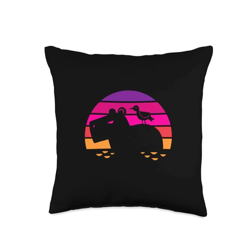 Afrika Safari, Nilpferd Geschenke, lustige Sprüche Hippo with Bird on The Back-Colourful Rainbow Motif Throw Pillow, 16x16, Multicolor