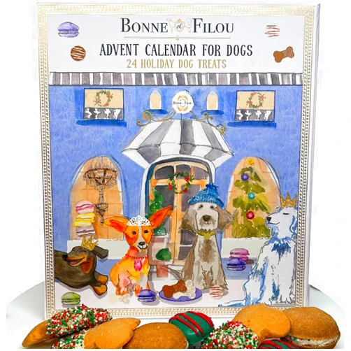 Bonne et Filou 2024 Dog Treats Advent Calendar - 24 Hand Designed Luxury Dog Treats with Dog Macarons, Truffles & Bone Cookies Box Dog Monthly Calendar
