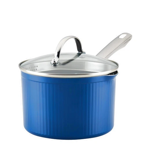 Farberware Style Nonstick Cookware Straining Saucepan with Lid, 3 Quart, Blue