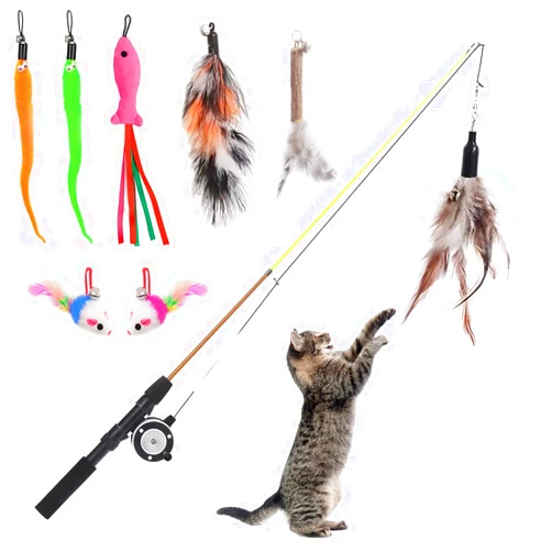 Whefory Retractable Cat Teaser Wand Toy, Cat Toys for Indoor Outdoor Cats Interactive Fishing Rod with 8 Pcs Refills Feather Toy, Plush Mouse Caterpillar & Fish