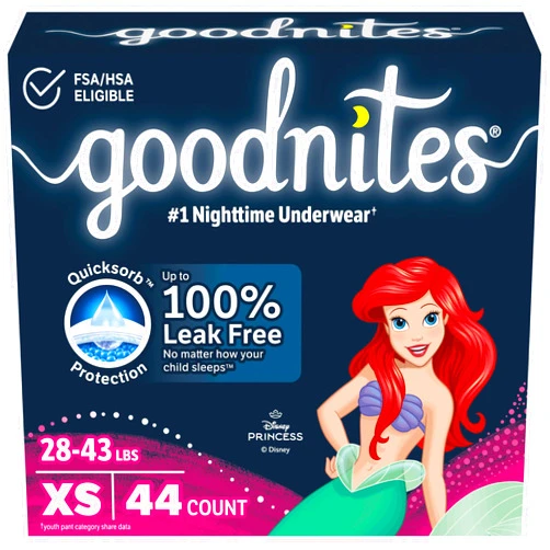 Goodnites Girls' Nighttime Bedwetting Underwear, Size Extra Small (28-43 lbs), 44 Ct (2 Packs of 22), Packaging May Vary