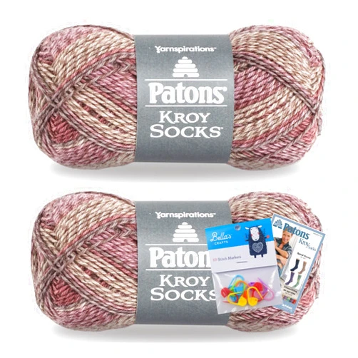 Bella's Crafts Patons Kroy Socks Yarn 2-Pack Bundle with Bella's Crafts Stitch Markers (Brown Rose Marl)