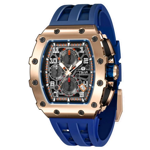 TSAR BOMBA Men's Watch Luxury Square Tonneau 50M Waterproof Stainless Steel Sapphire Chronograph Date Multifunction Japanese Quartz Movement Fashion Unique Cool Design Elegant Gift Rubber Strap Watch